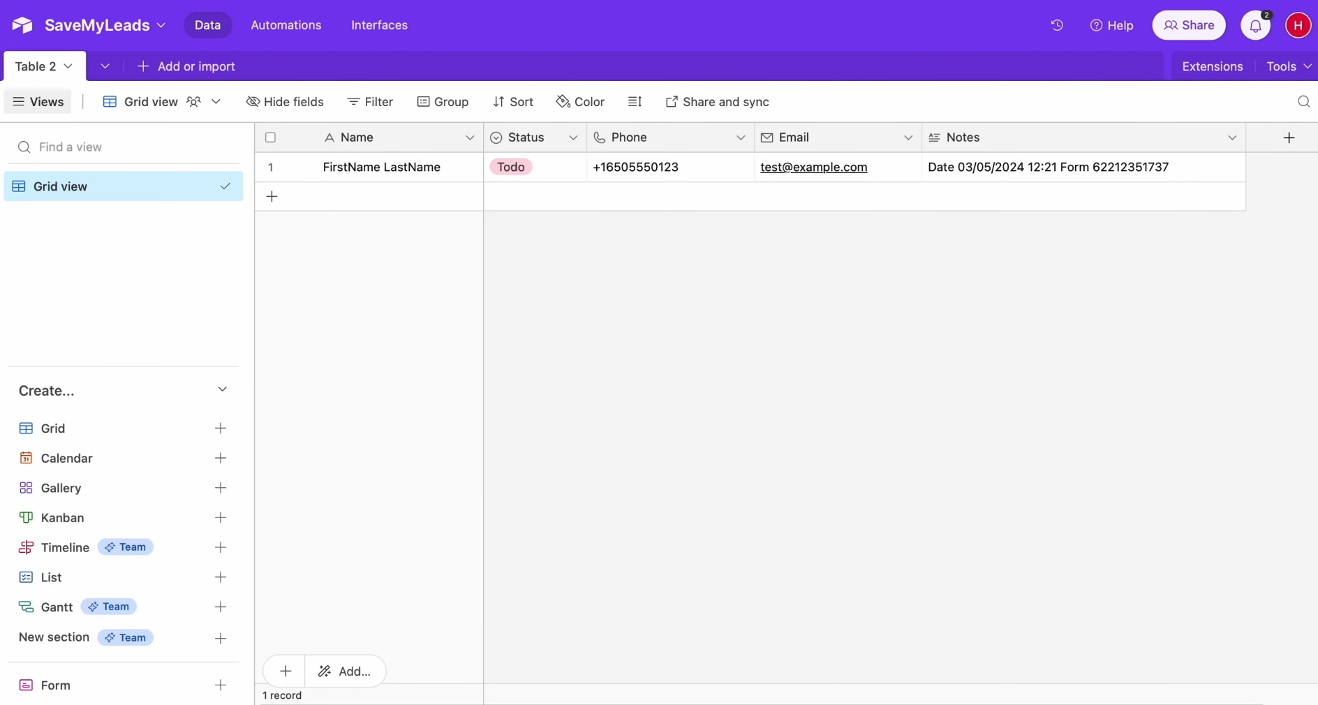 Google Lead Form and Airtable integration | Result of transferred data Google Lead Form and Airtable integration | Result of transferred data