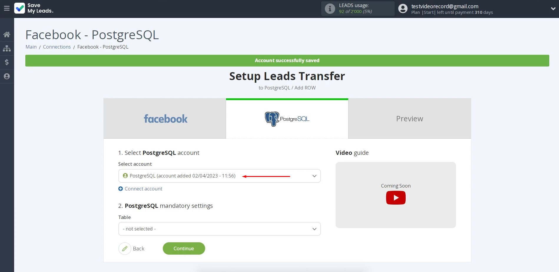 Facebook and PostgreSQL integration | Select the created login Facebook and PostgreSQL integration | Select the created login