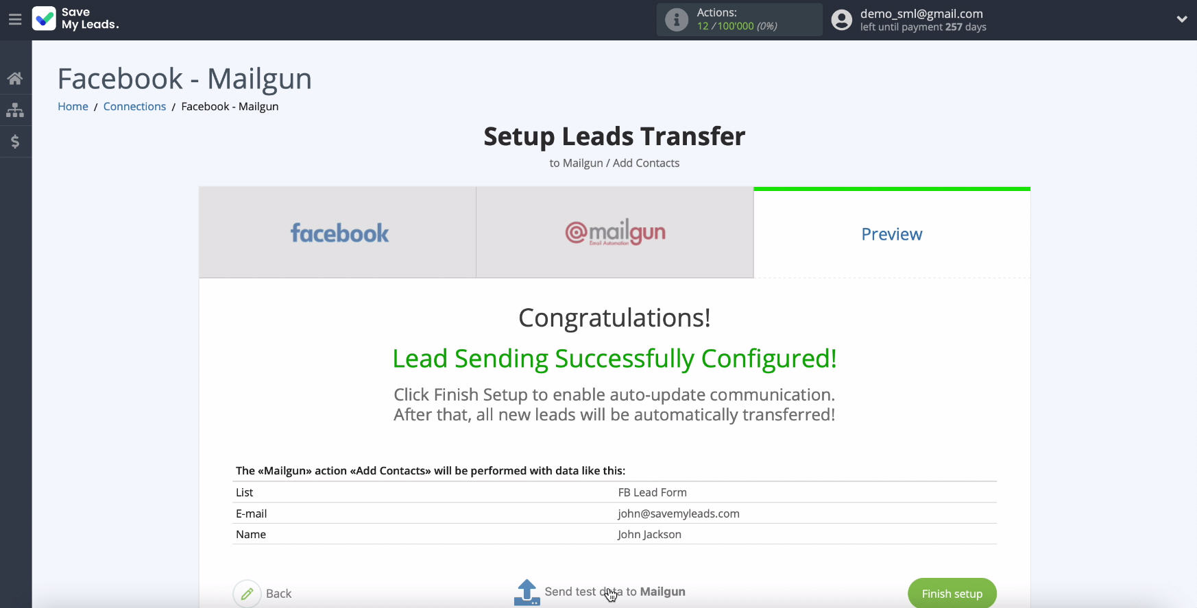 Facebook and Mailgun integration | Sending test data Facebook and Mailgun integration | Sending test data