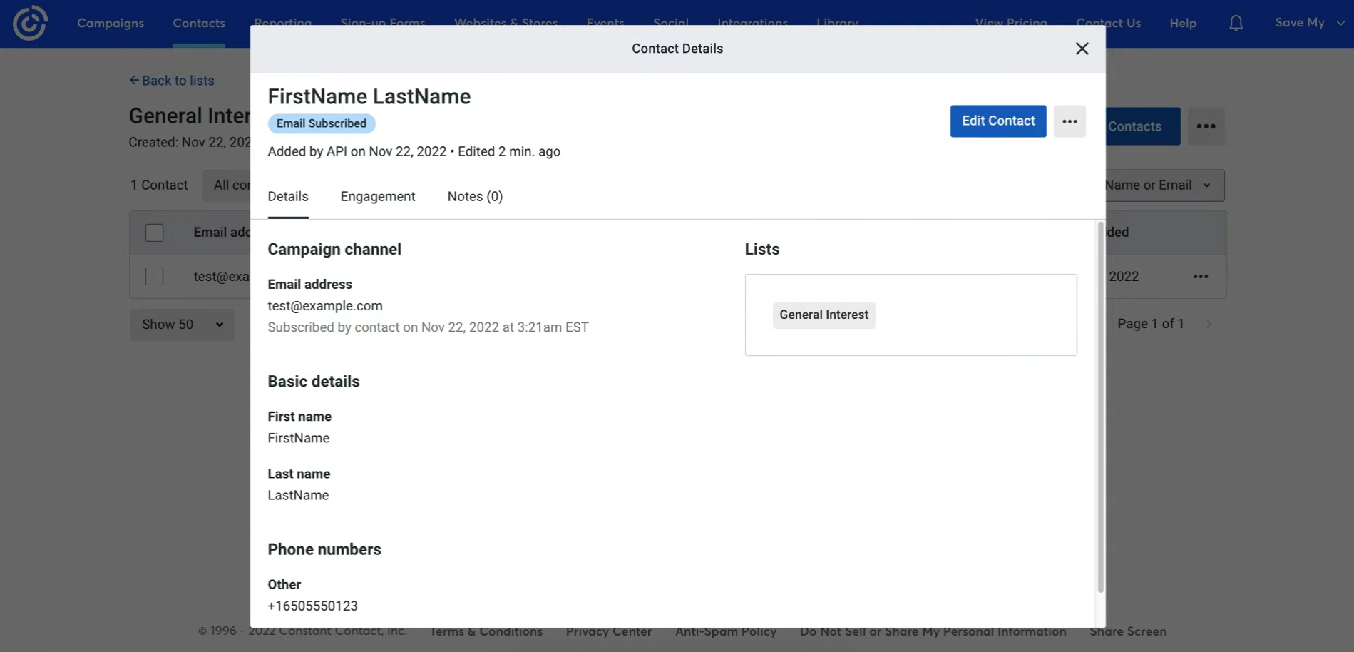 Result of the data transfer to Constant Contact