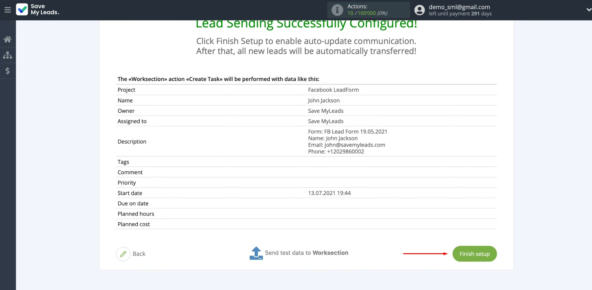 Facebook and Worksection integration | Click “Finish setup” Facebook and Worksection integration | Click “Finish setup”