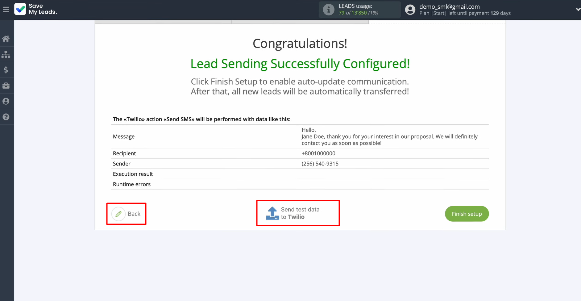 Send test data to Twilio