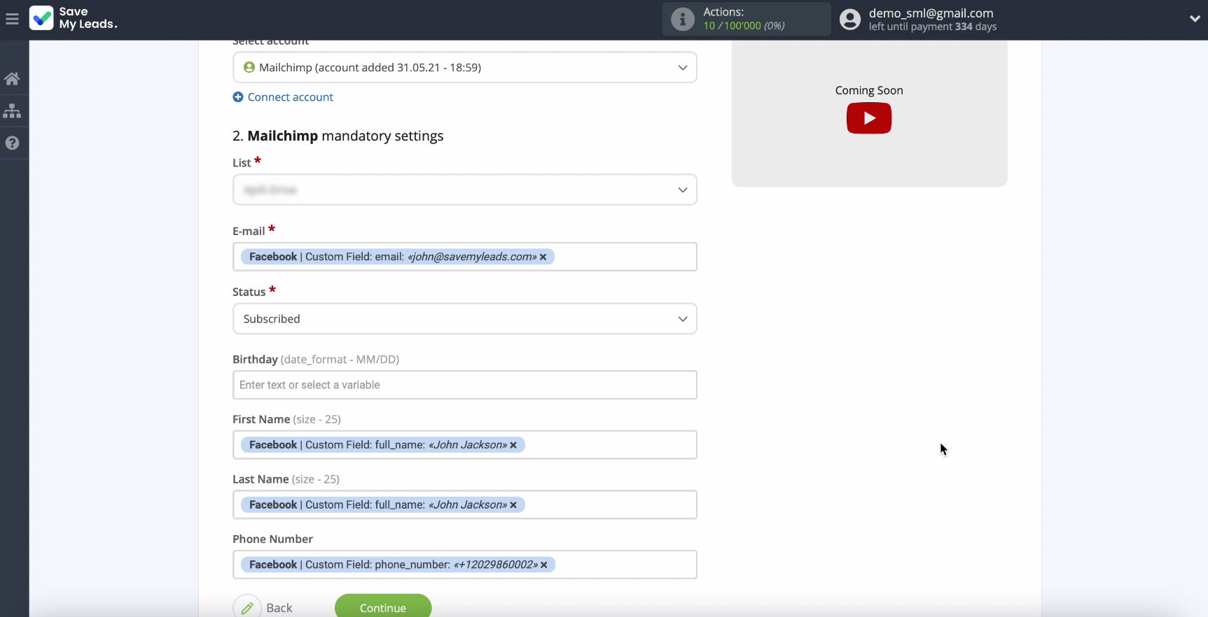 MailChimp and Facebook integration | Set the variables MailChimp and Facebook integration | Set the variables