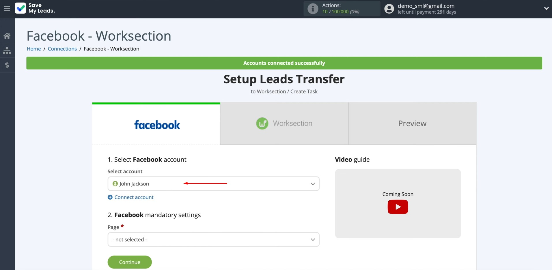 Facebook and Worksection integration | Select the connected account Facebook and Worksection integration | Select the connected account