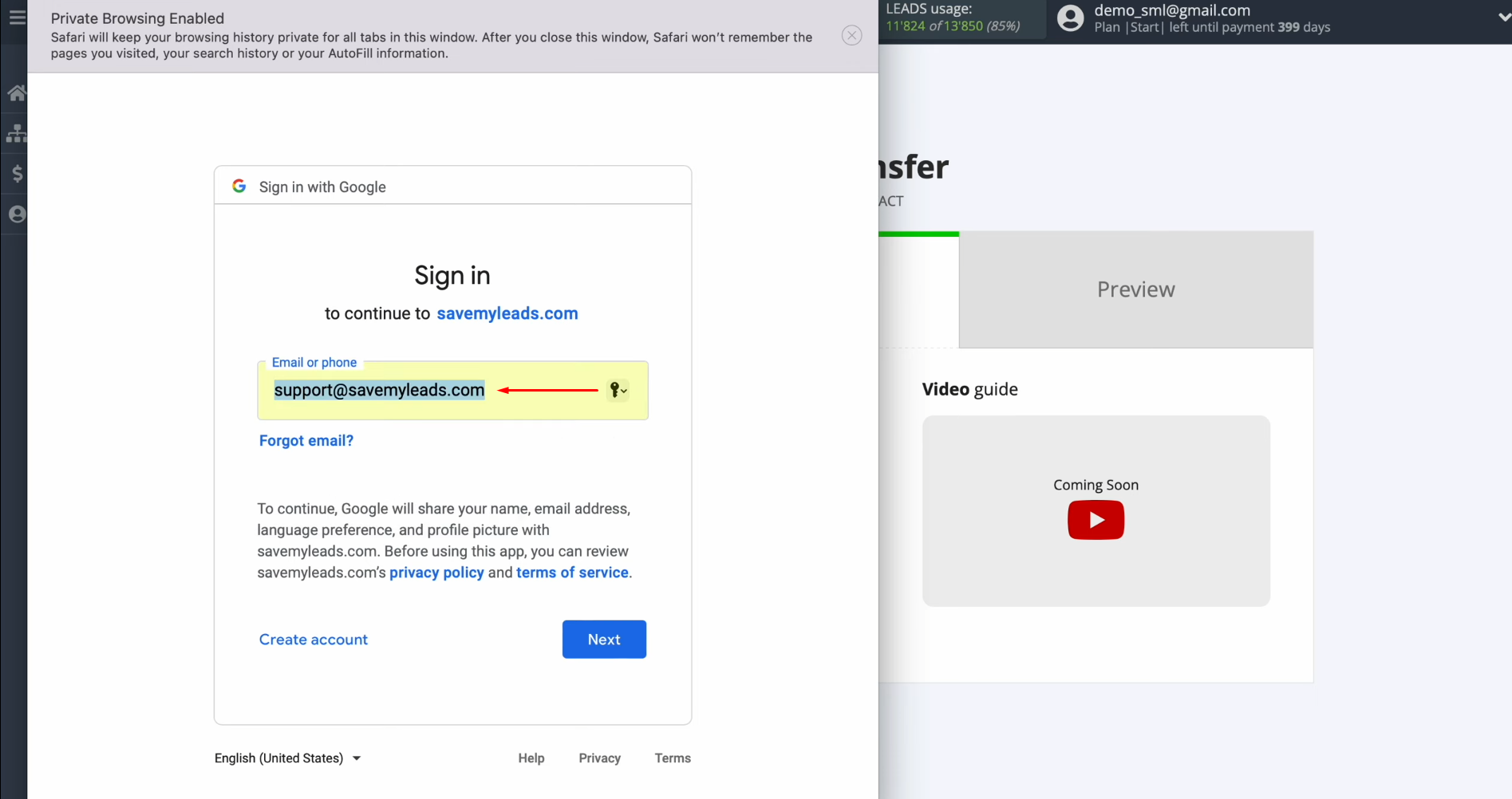 Specify the username of your Google account Specify the username of your Google account