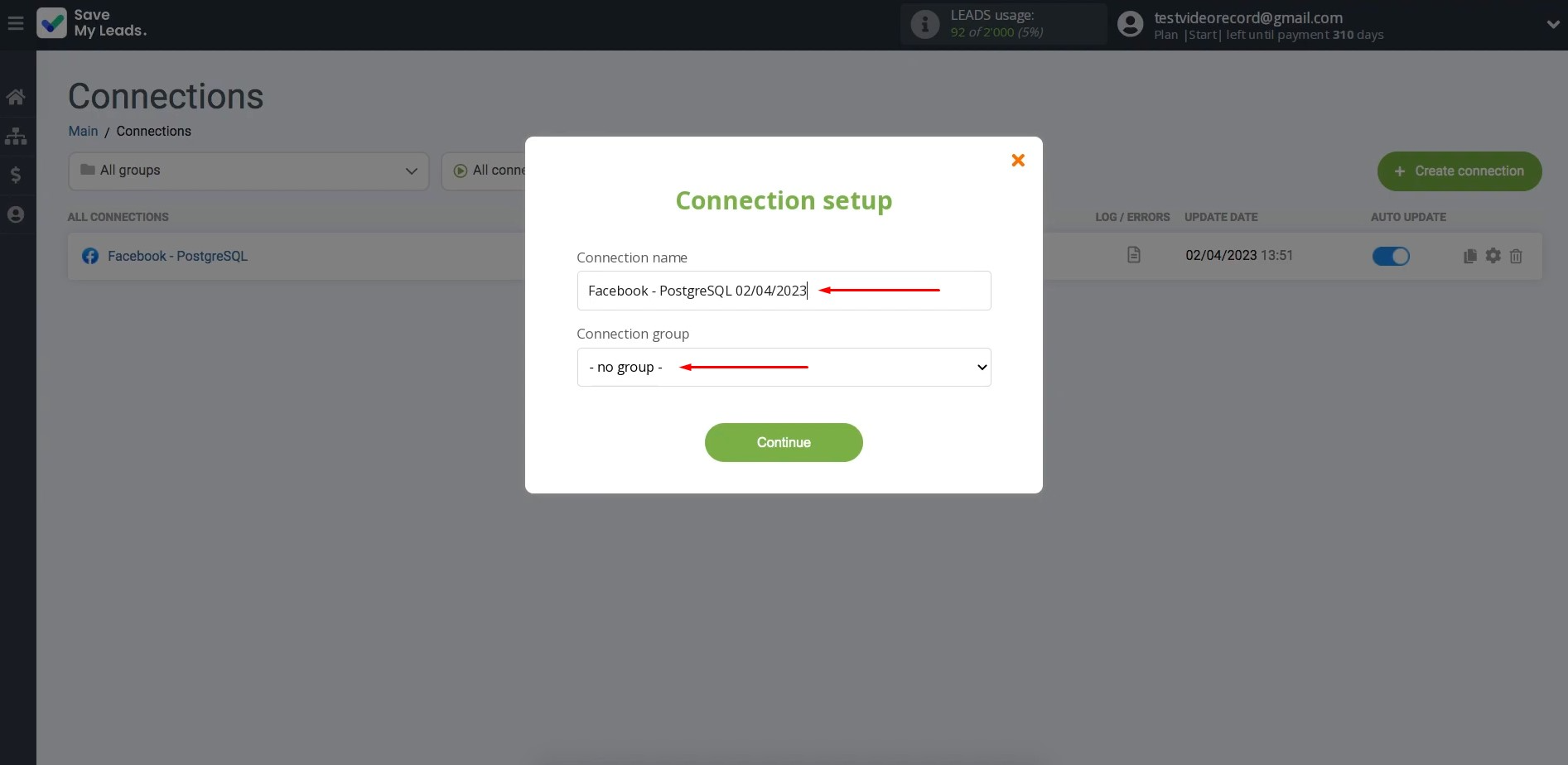 Facebook and PostgreSQL integration | Change the connection name and add it to a group Facebook and PostgreSQL integration | Change the connection name and add it to a group