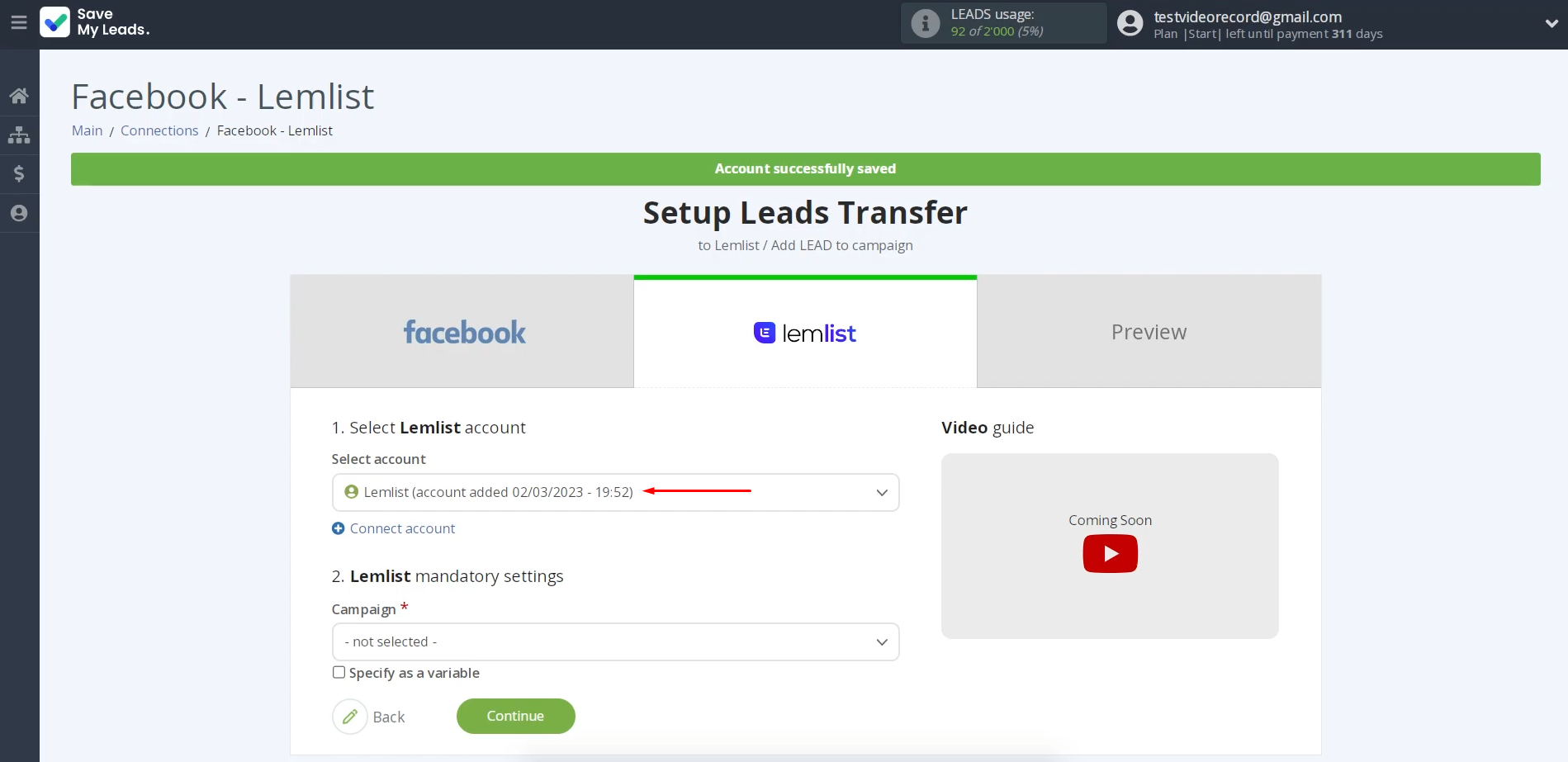 Facebook and Lemlist integration | Select the created login Facebook and Lemlist integration | Select the created login