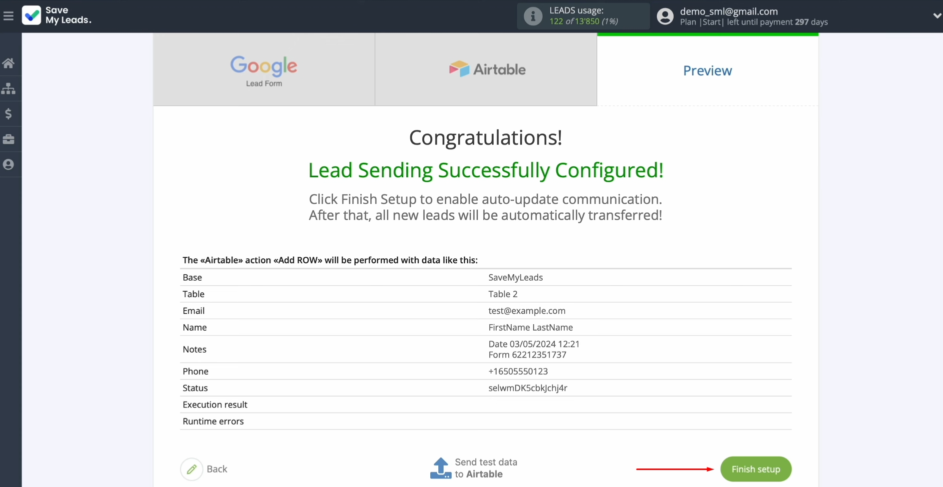 Google Lead Form and Airtable integration | Click “Finish setup” to enable auto-update Google Lead Form and Airtable integration | Click “Finish setup” to enable auto-update