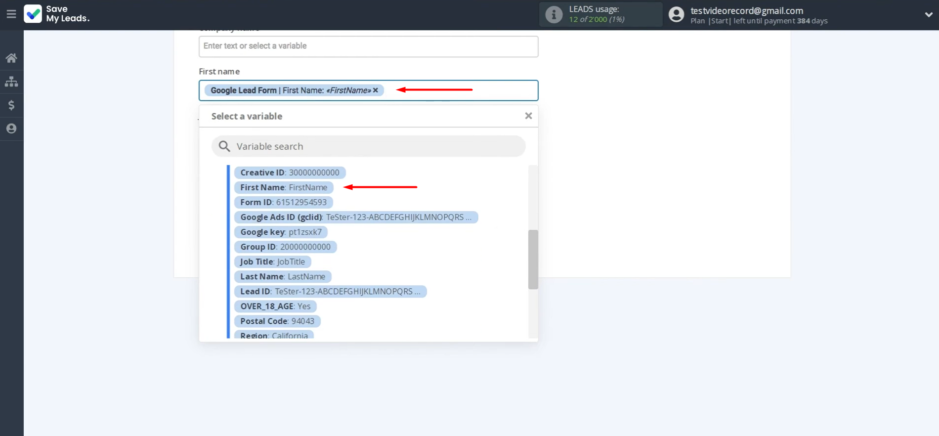 Fields where you can assign variables from the Google Lead Form