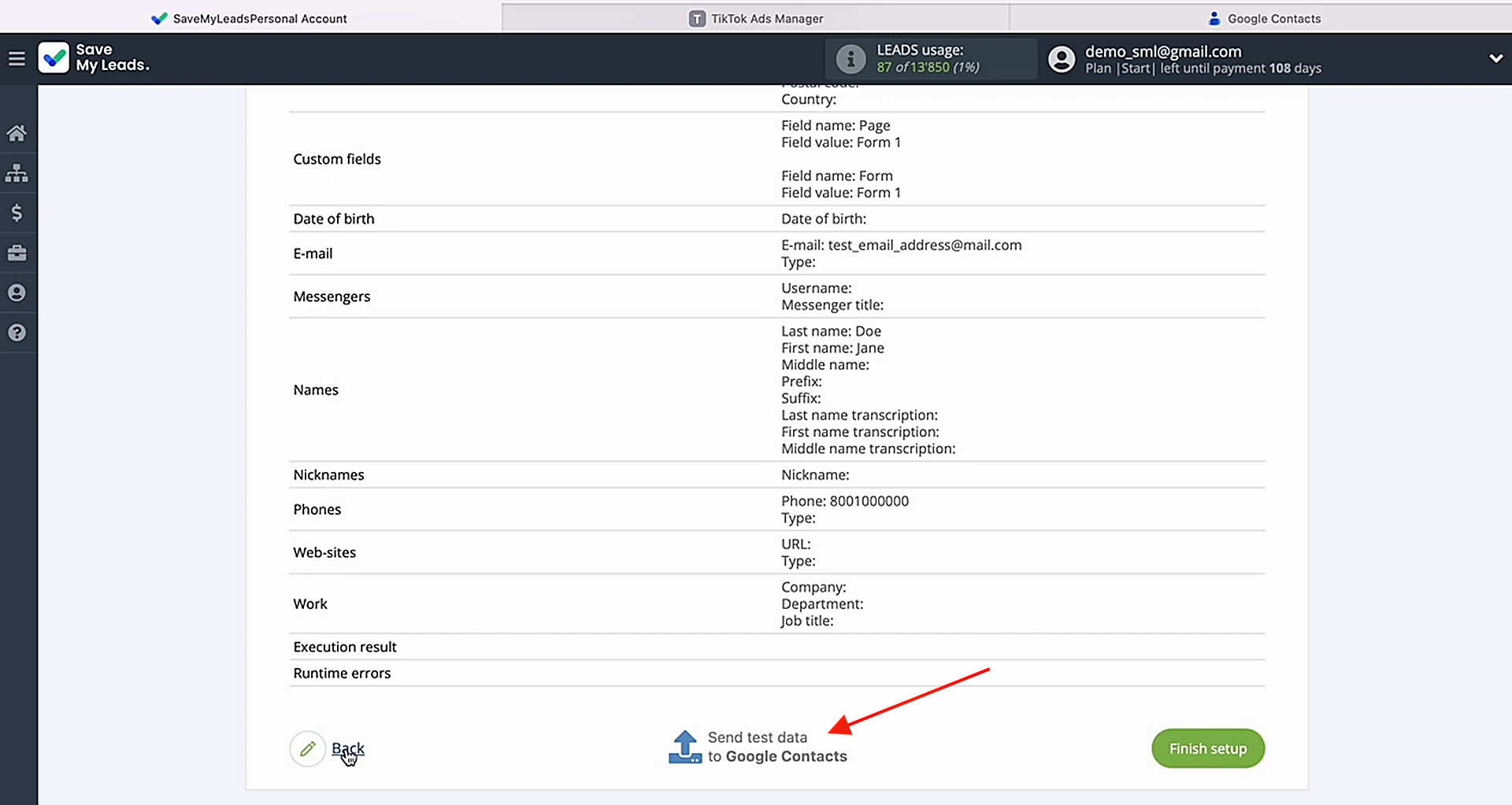Send test data to Google Contacts Send test data to Google Contacts