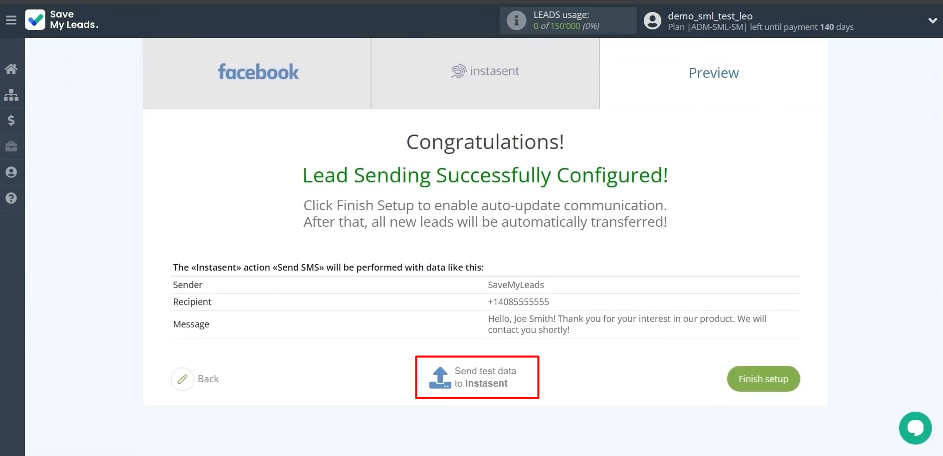 Send test data to Instasent Send test data to Instasent