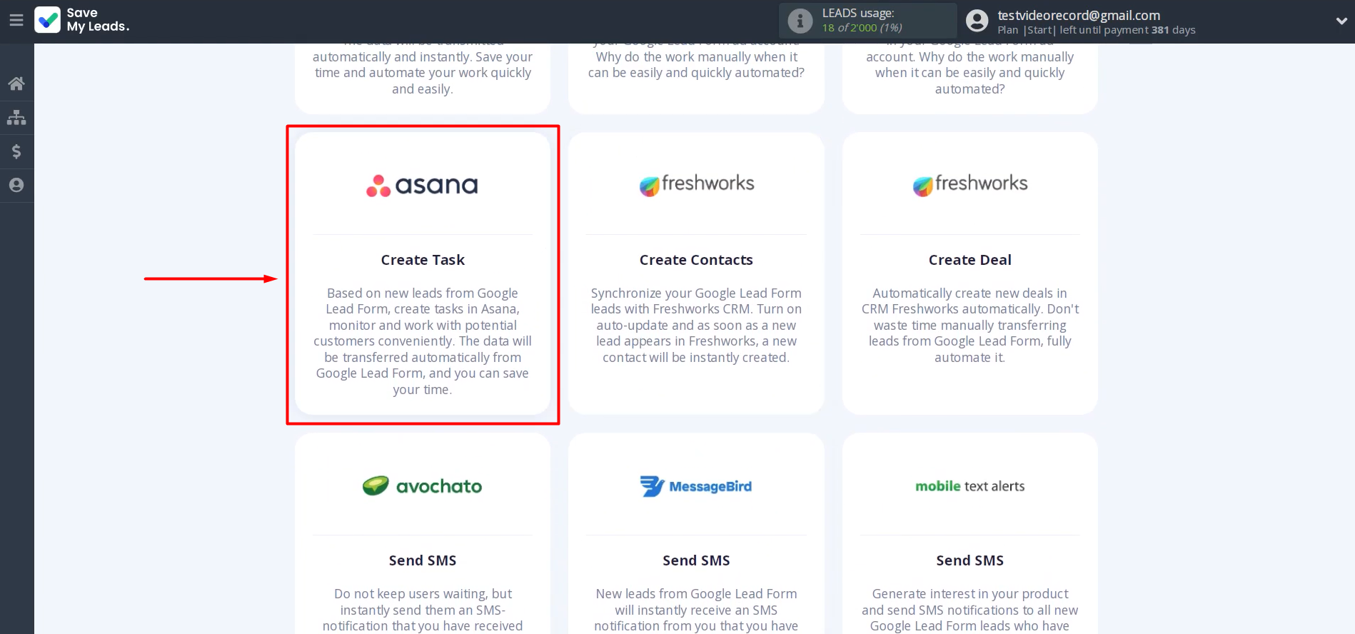 Select “Asana (Create Task)” Select “Asana (Create Task)”