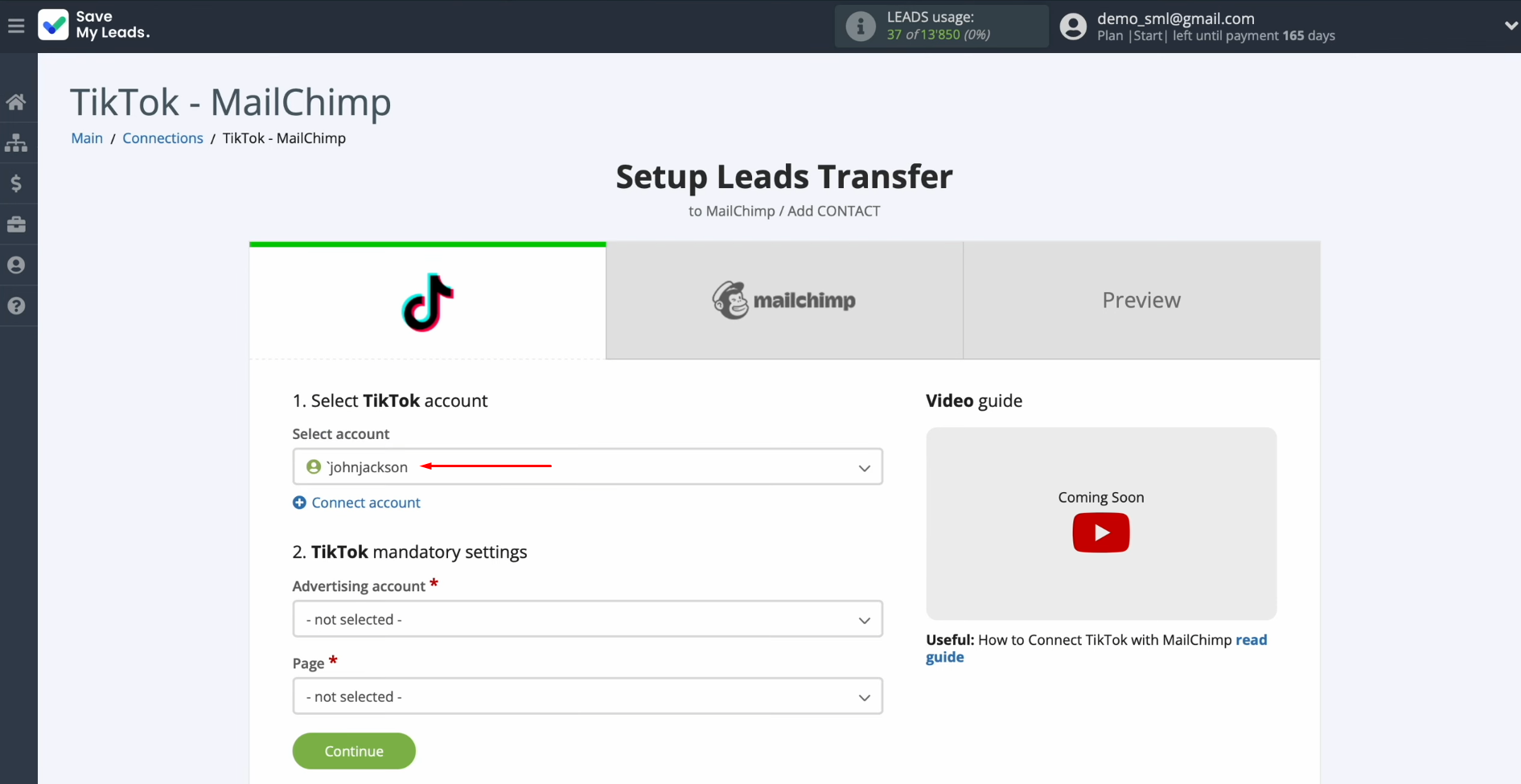 TikTok and Mailchimp integration | Select the connected account TikTok and Mailchimp integration | Select the connected account