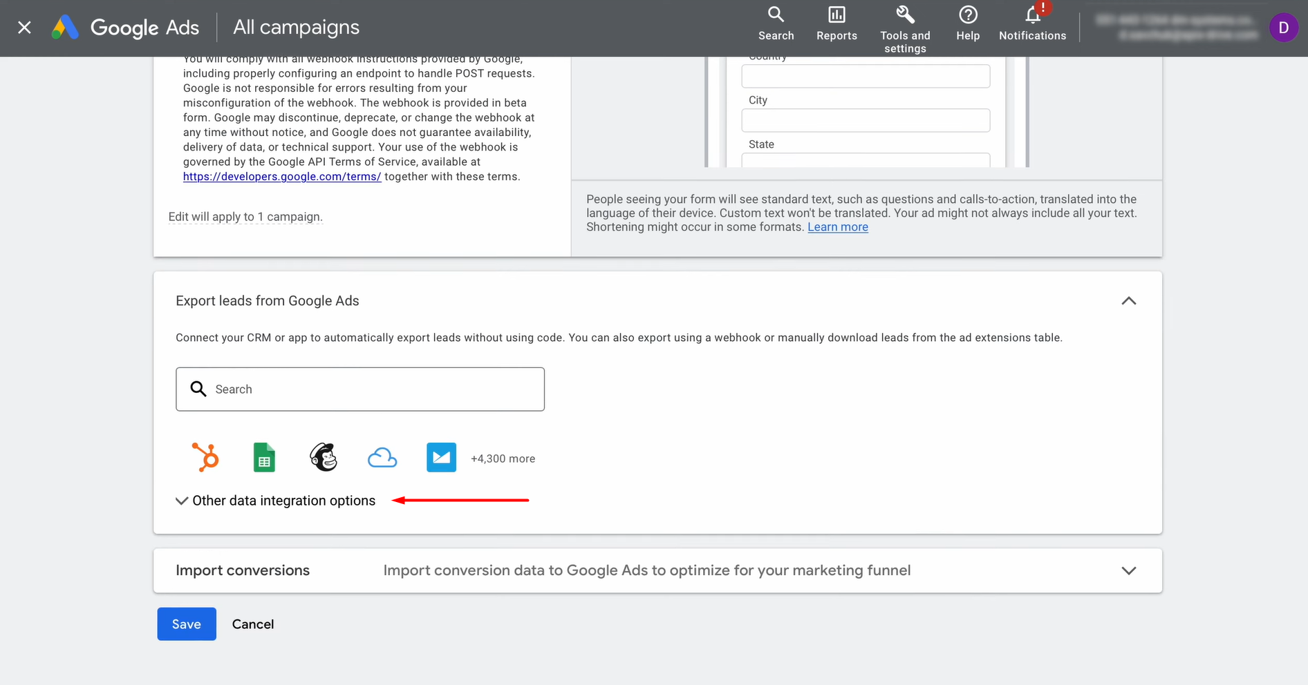 Open the Other data integration options section