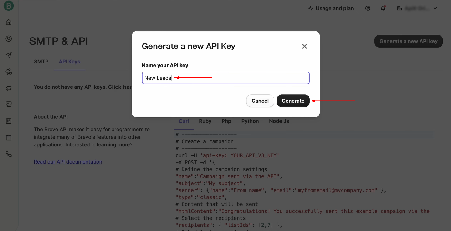 Give the key a recognizable name and click Generate Give the key a recognizable name and click Generate