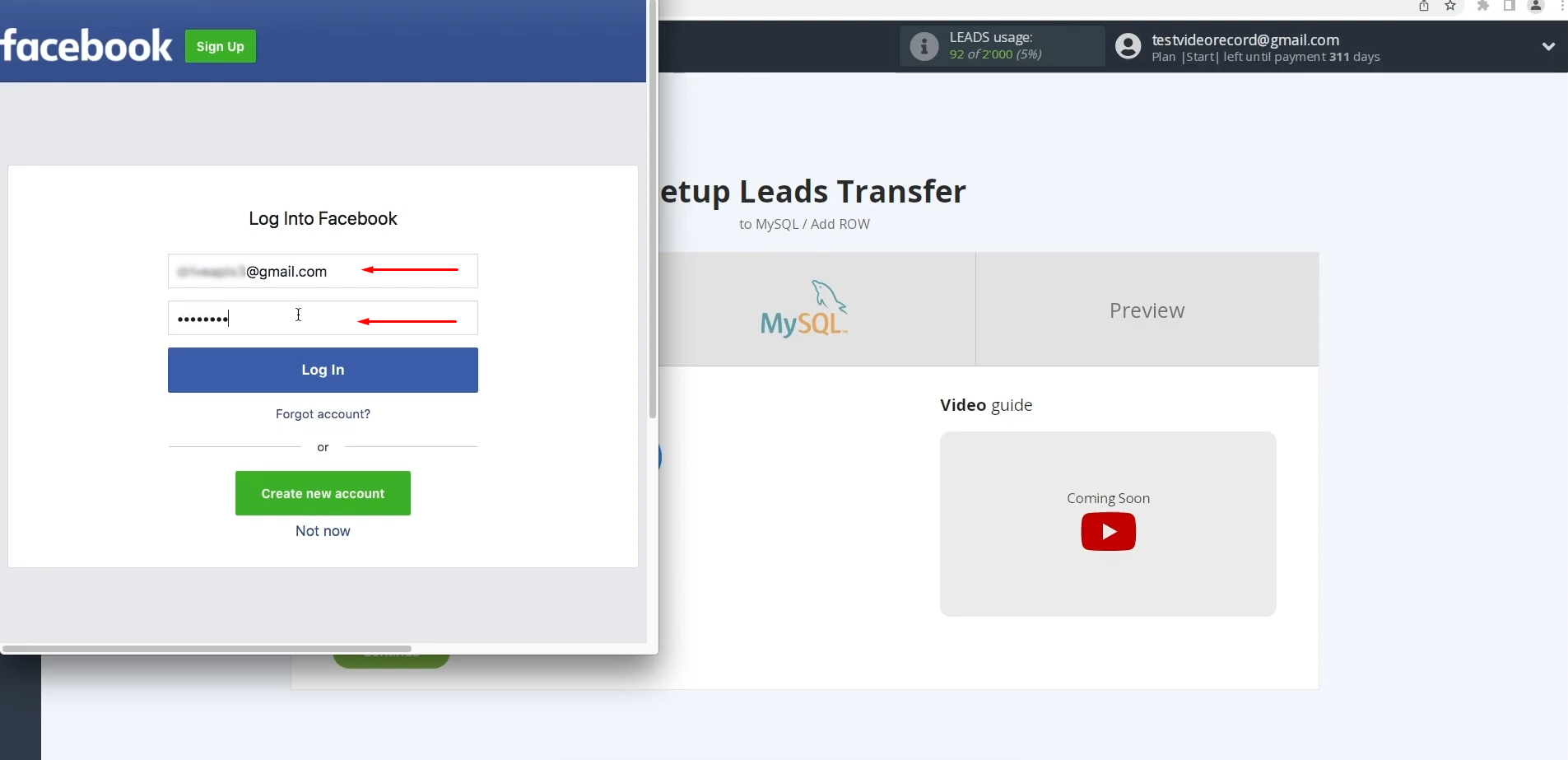 MySQL and Facebook integration | Specify the username and password MySQL and Facebook integration | Specify the username and password