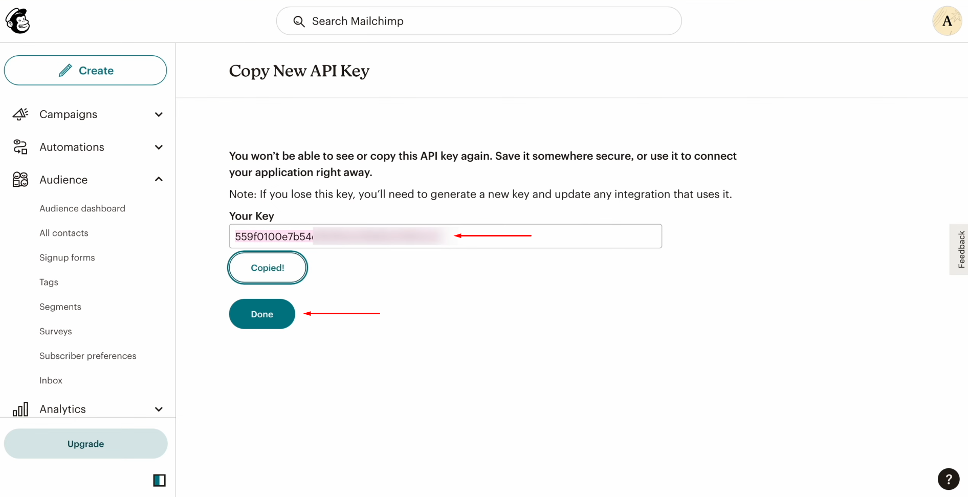 TikTok and Mailchimp integration | Copy the API key and click “Done” TikTok and Mailchimp integration | Copy the API key and click “Done”