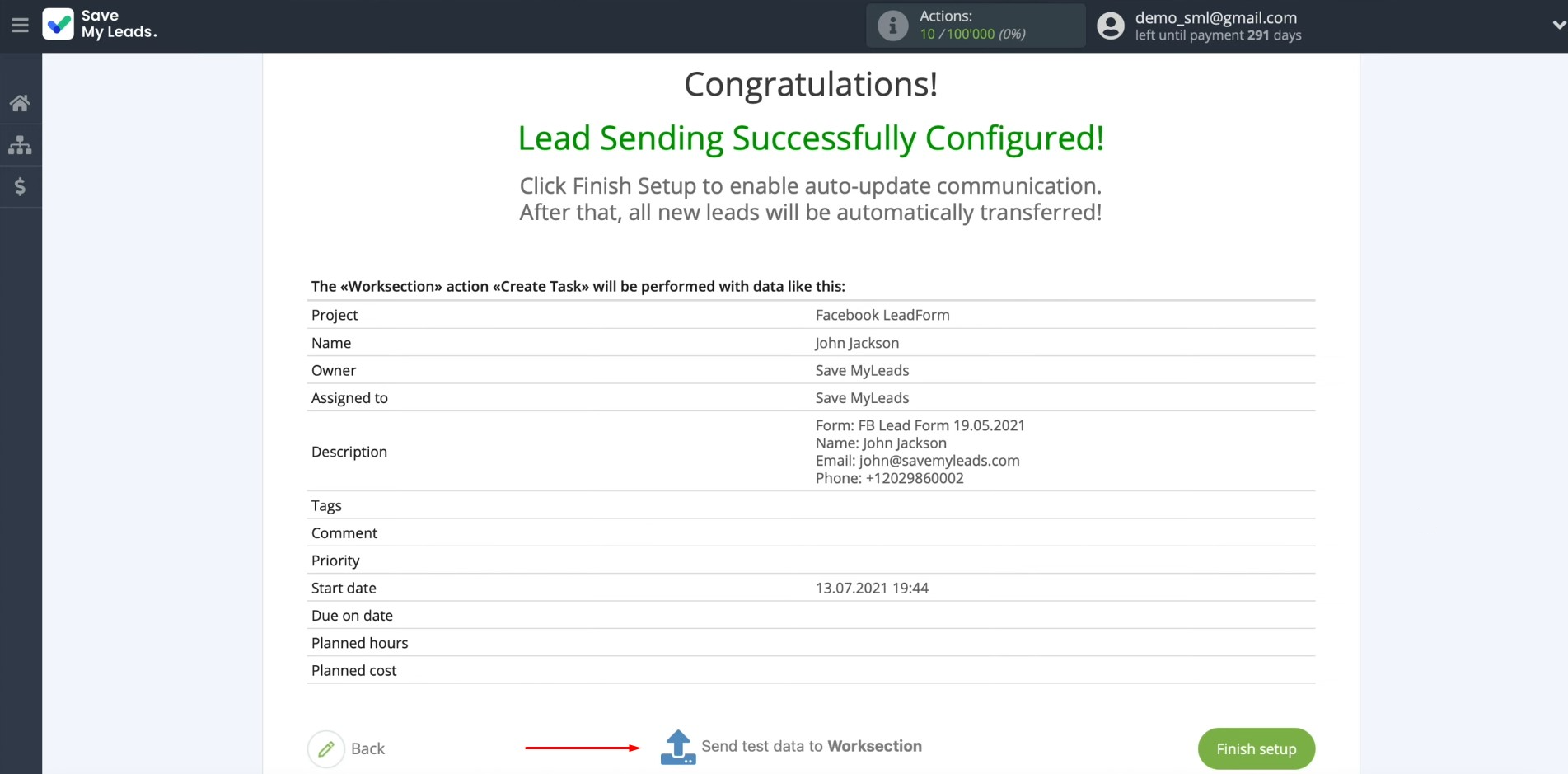 Facebook and Worksection integration | Click “Send test data to Worksection” Facebook and Worksection integration | Click “Send test data to Worksection”