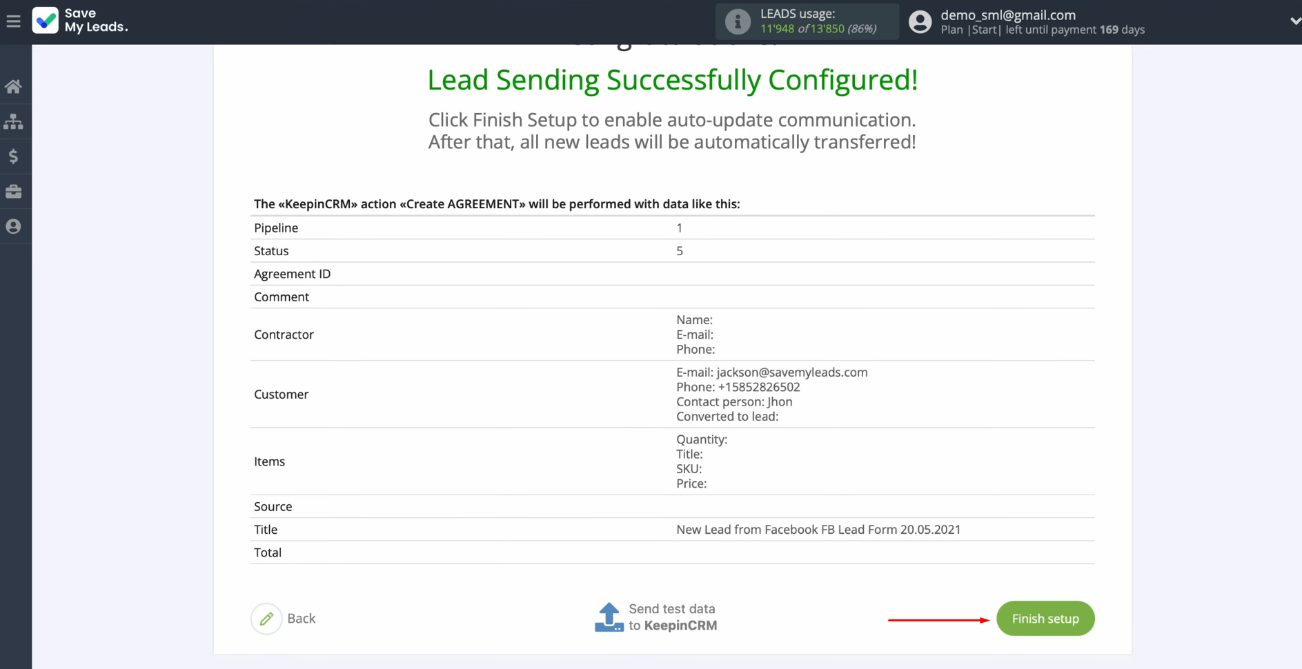 Facebook integration | Click “Finish setup” Facebook integration | Click “Finish setup”