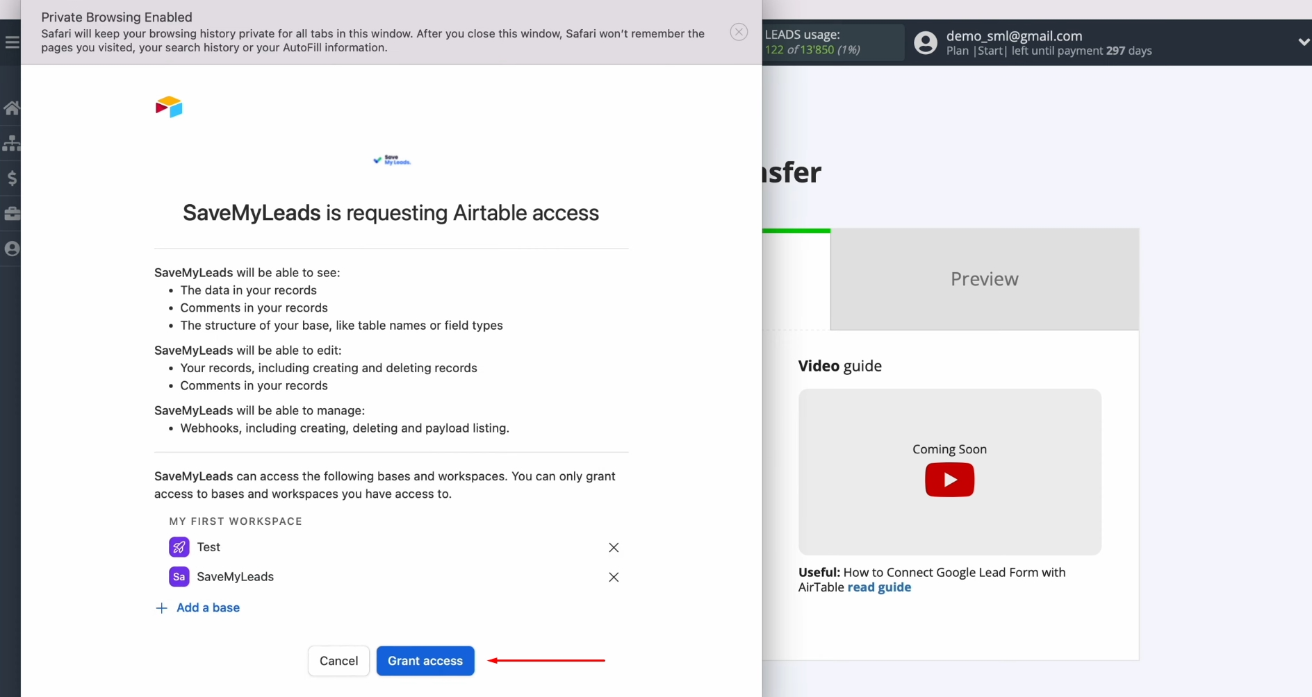 Google Lead Form and Airtable integration | When all databases are added, click on “Grant access” Google Lead Form and Airtable integration | When all databases are added, click on “Grant access”