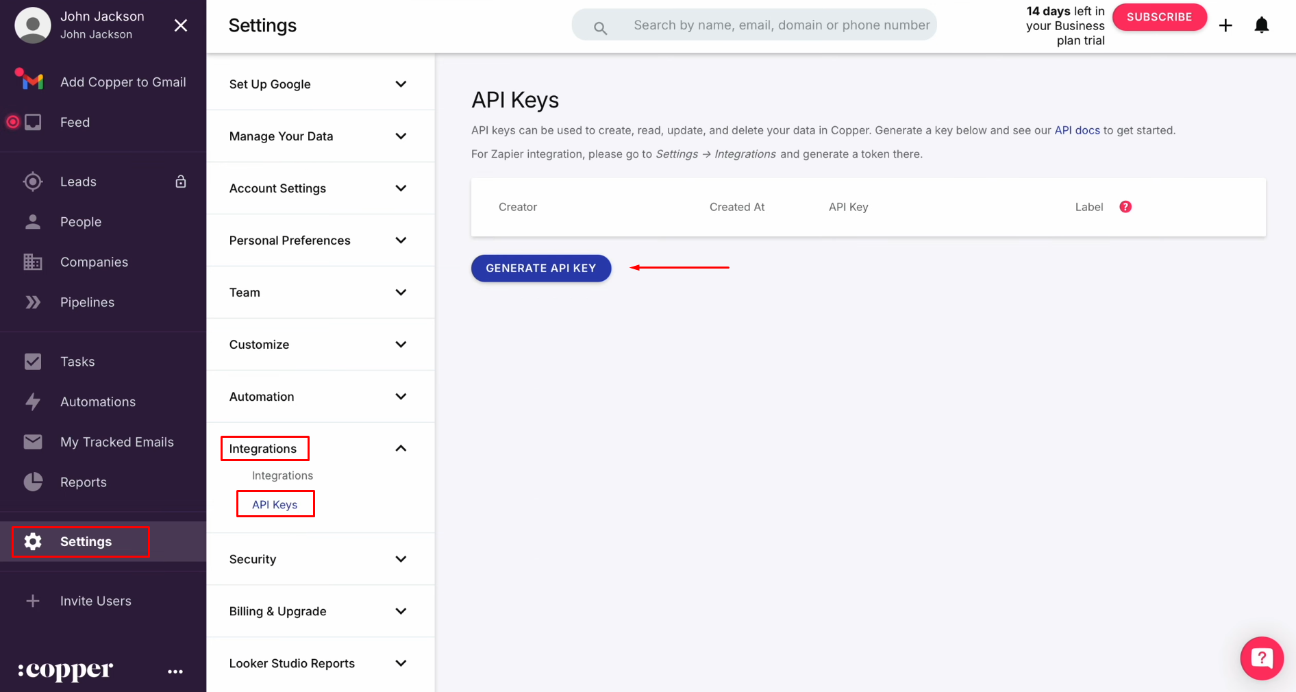 Find the “Integrations” tab and create a new key Find the “Integrations” tab and create a new key