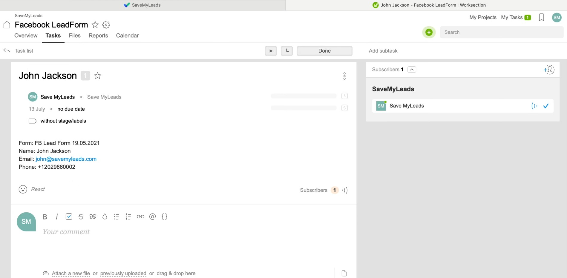 Facebook and Worksection integration | Go to your Worksection account and check the result Facebook and Worksection integration | Go to your Worksection account and check the result