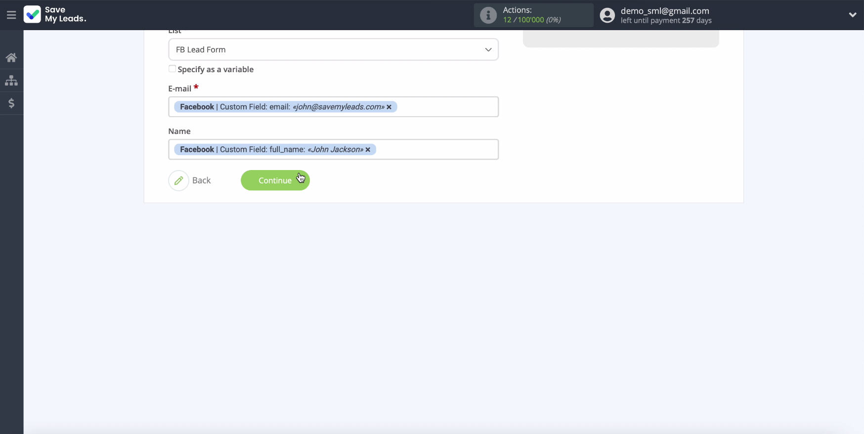 Facebook and Mailgun integration | Click Continue Facebook and Mailgun integration | Click Continue