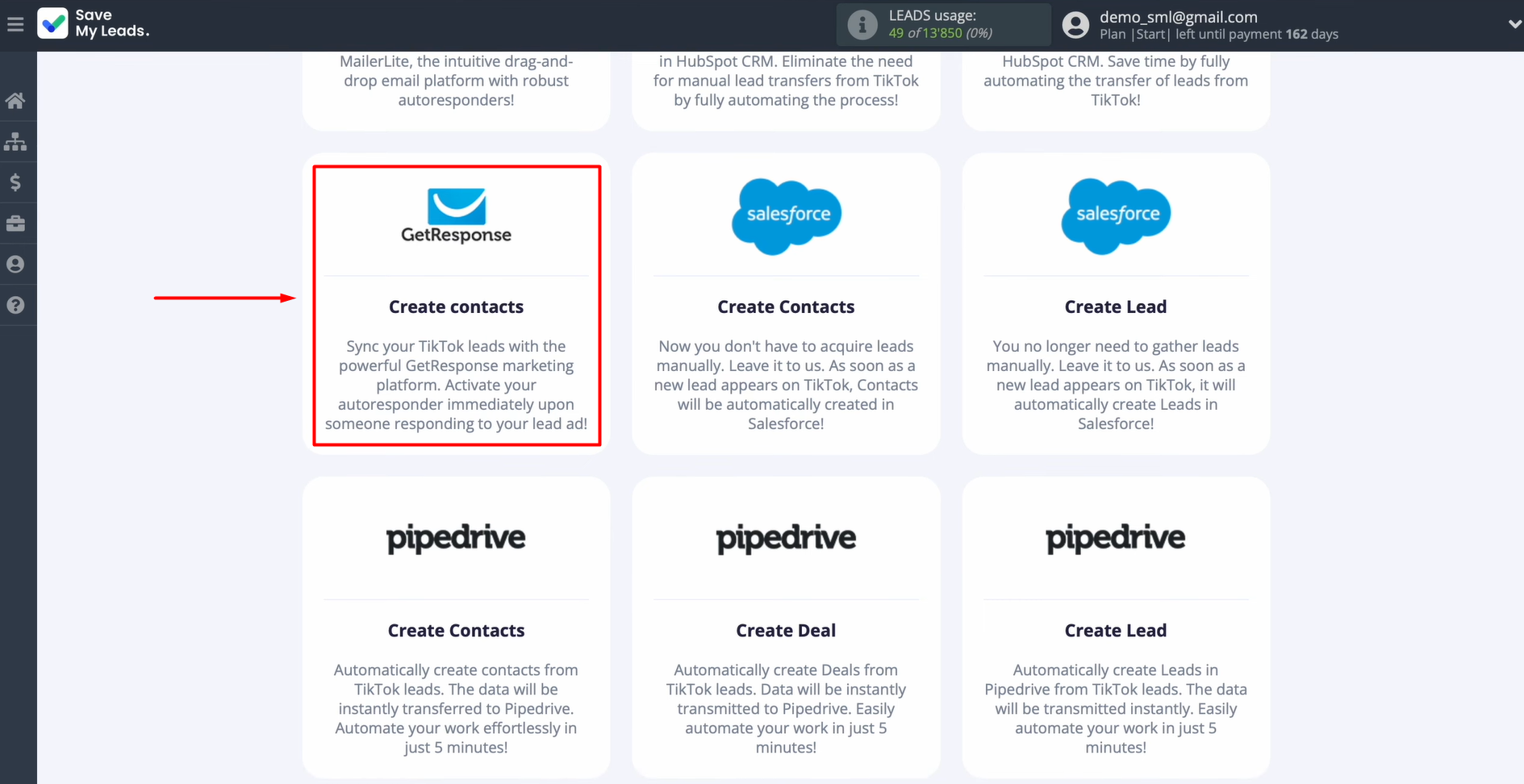Select GetResponse (Create contacts)