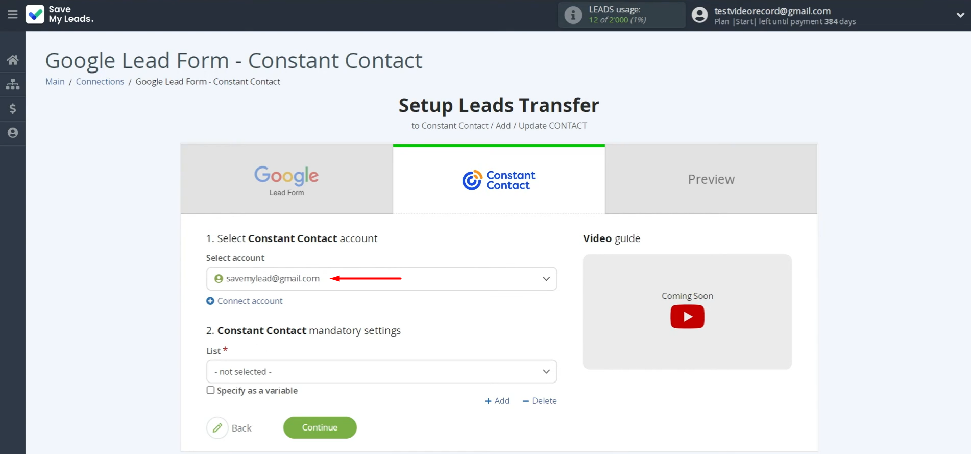 Select the connected account