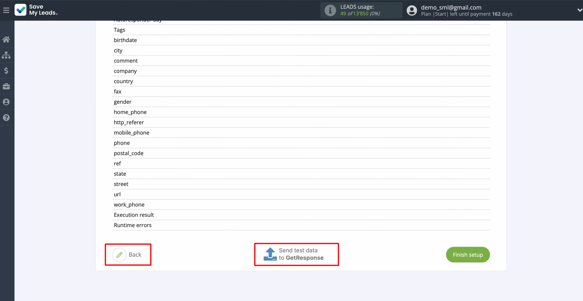 Send test data to GetResponse