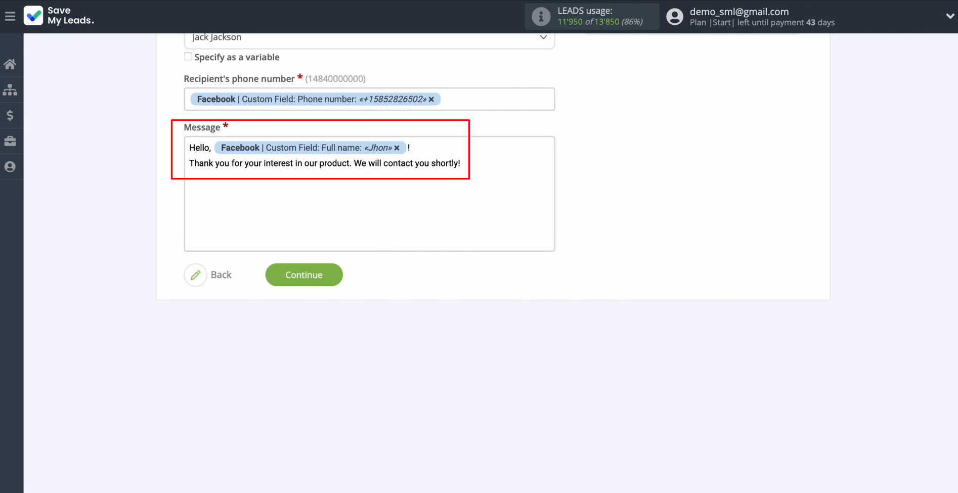 Salesmsg and Facebook integration | Enter the text of the message Salesmsg and Facebook integration | Enter the text of the message