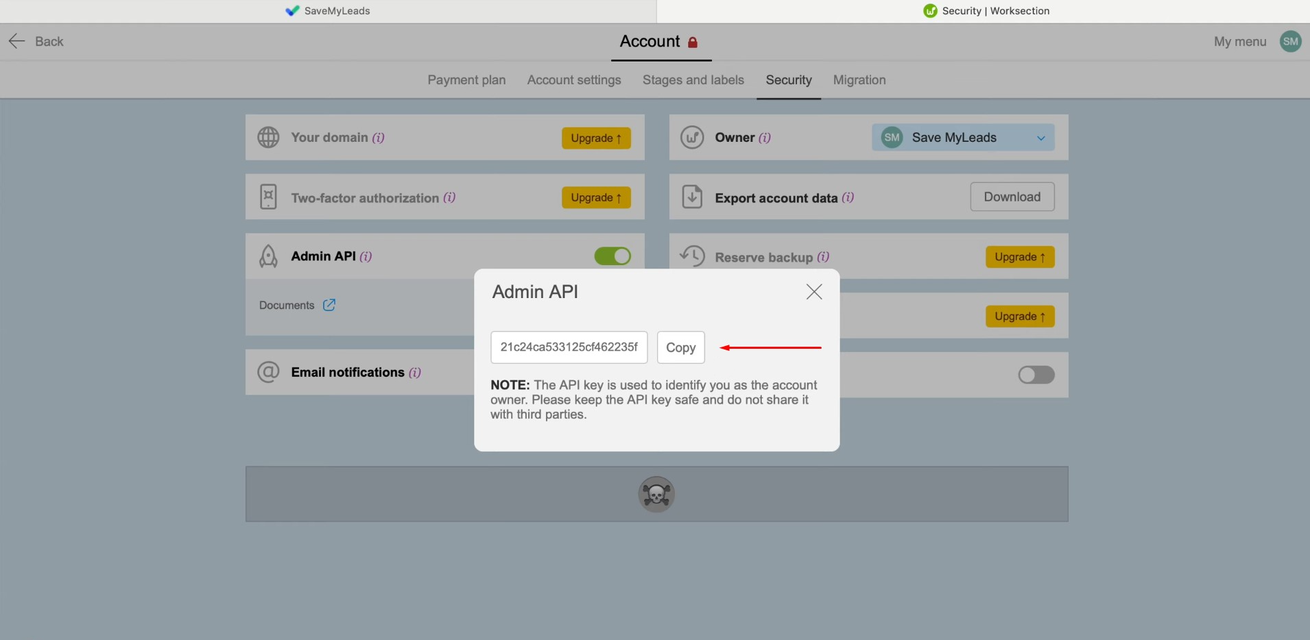 Facebook and Worksection integration | Copy the API key Facebook and Worksection integration | Copy the API key