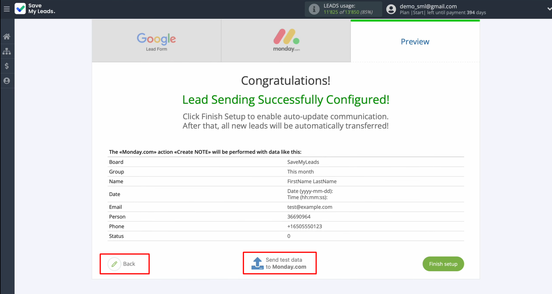 Send test data to Monday.com