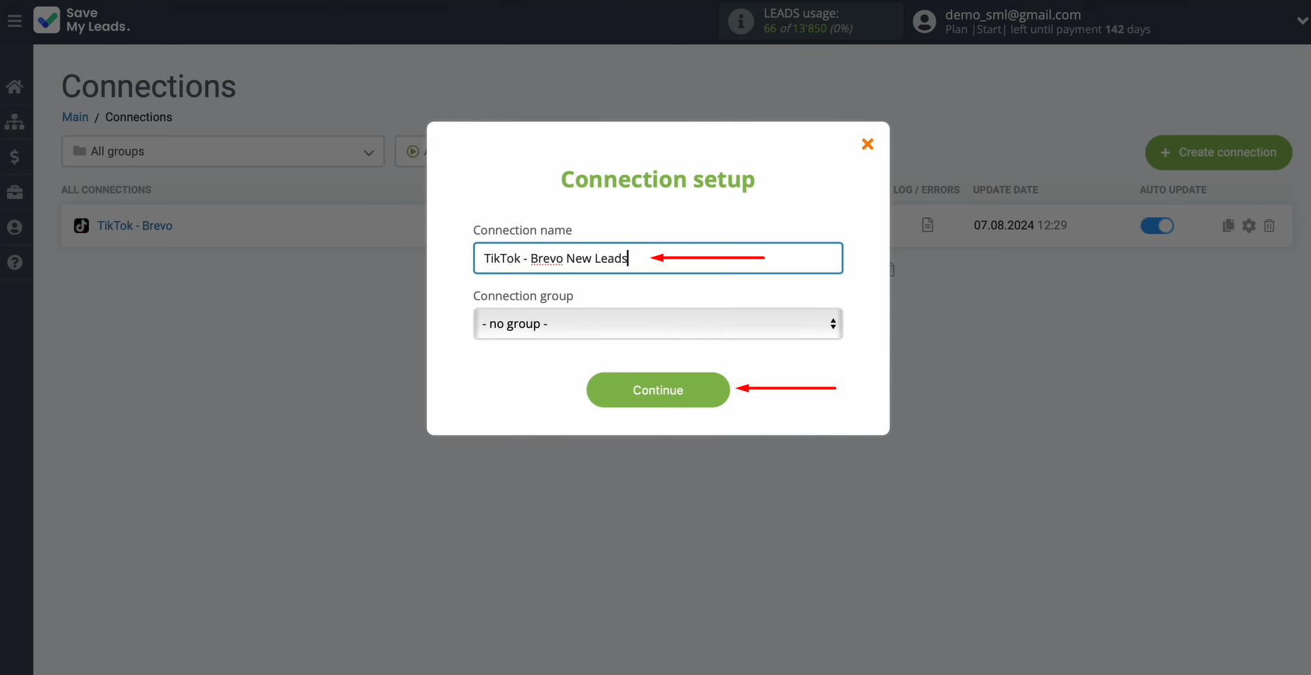 Give the connection a custom name and click Continue Give the connection a custom name and click Continue