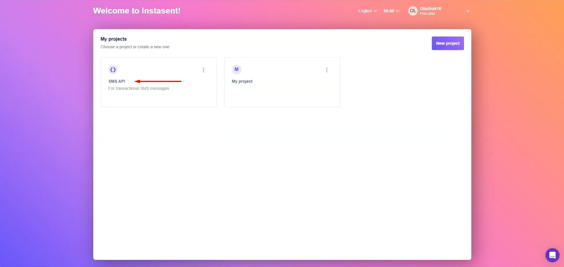 Log in to your Instasent account and find the SMS API section Log in to your Instasent account and find the SMS API section