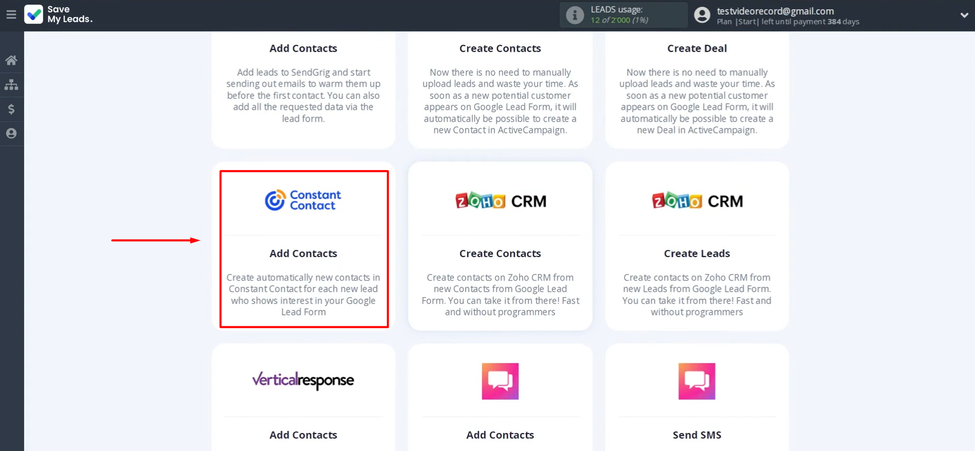 Choose Constant Contact (Add Contacts)