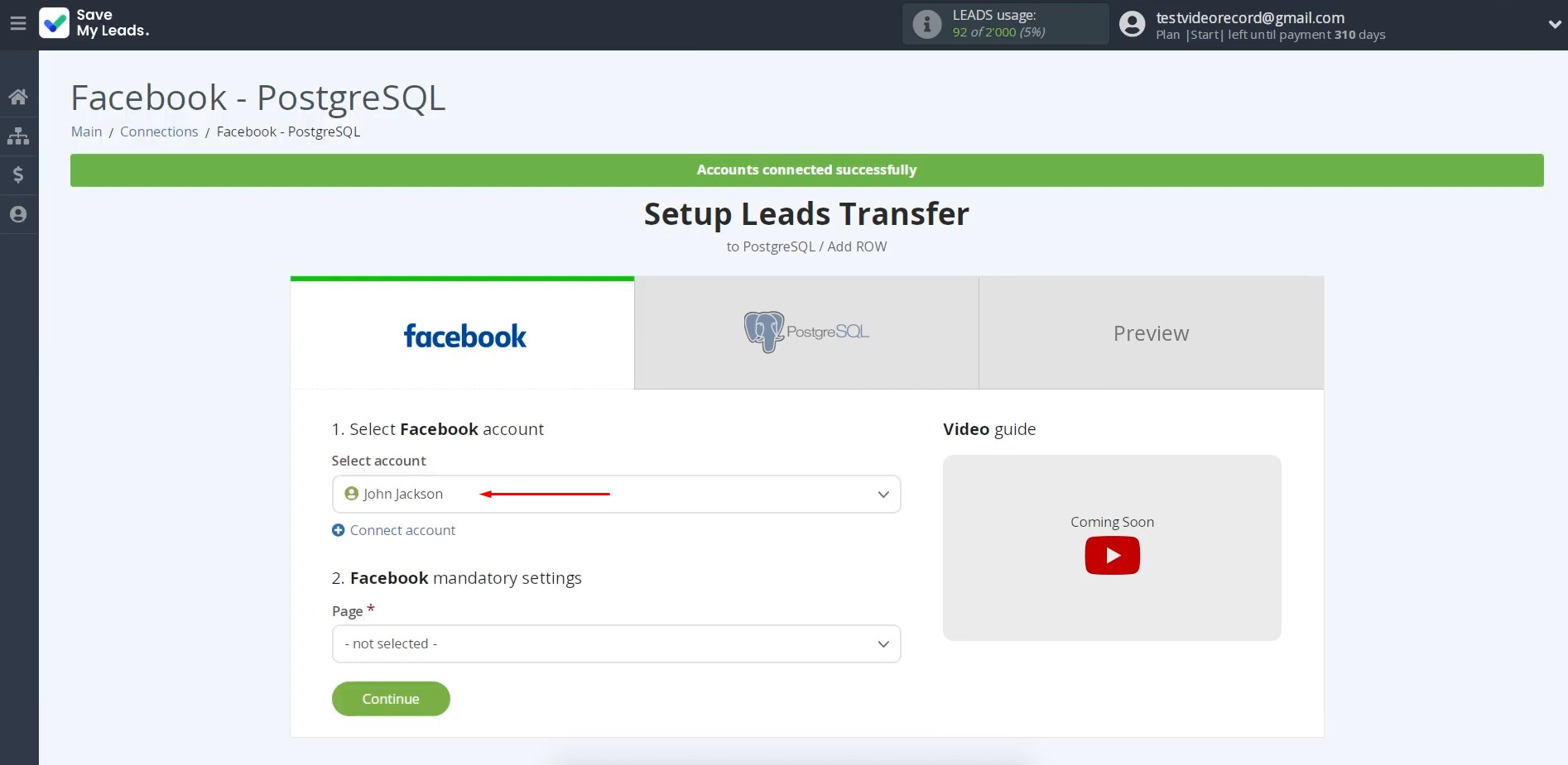 Facebook and PostgreSQL integration | Select the connected account Facebook and PostgreSQL integration | Select the connected account