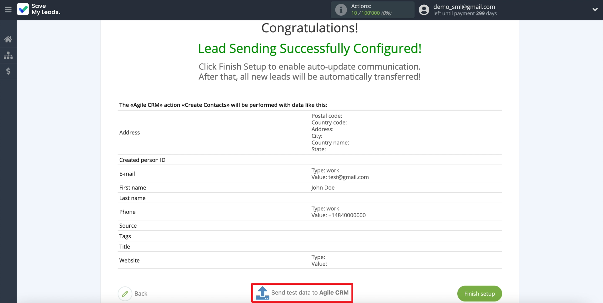 Facebook and AgileCRM integration | Sending test data Facebook and AgileCRM integration | Sending test data