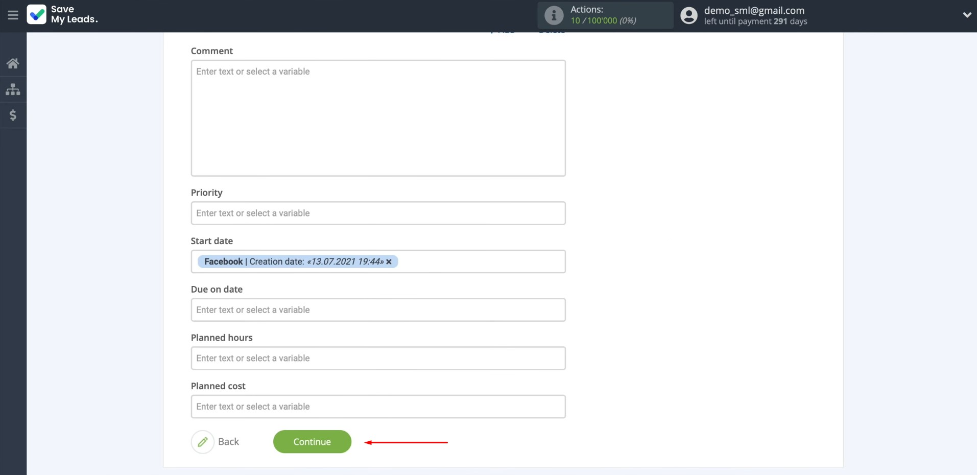 Facebook and Worksection integration | Click “Continue” Facebook and Worksection integration | Click “Continue”