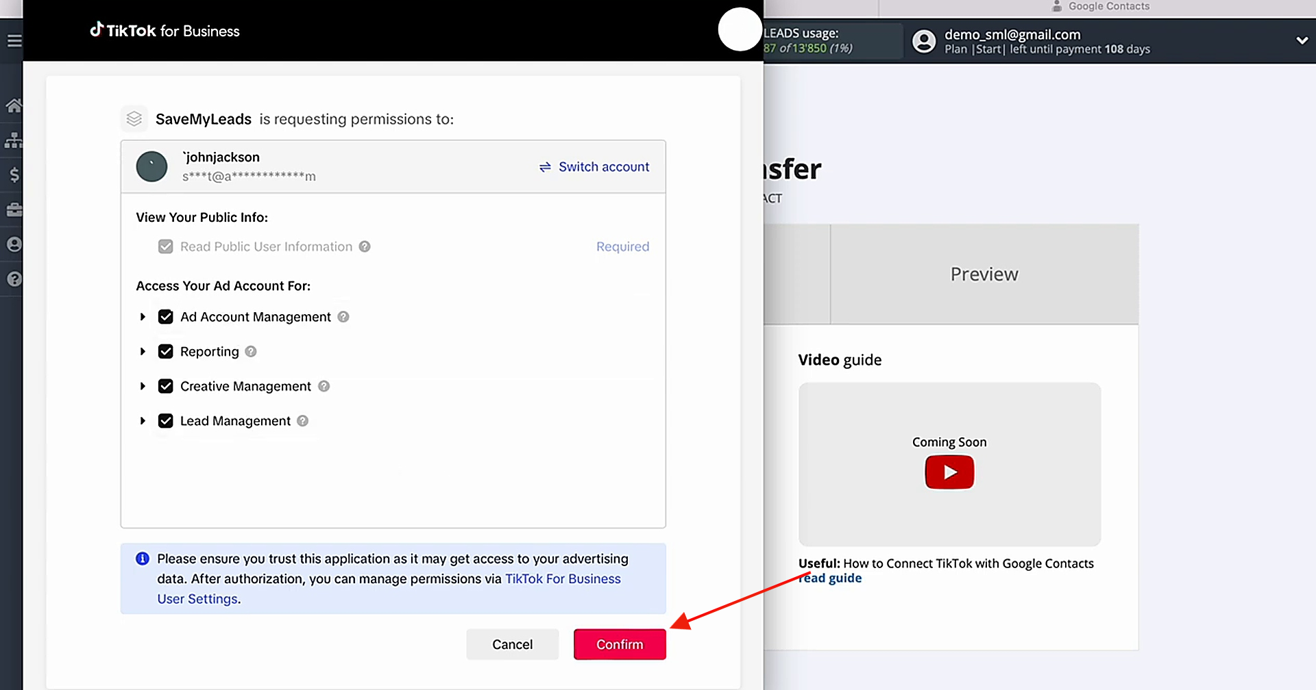Grant SaveMyLeads permission to access your TikTok account Grant SaveMyLeads permission to access your TikTok account