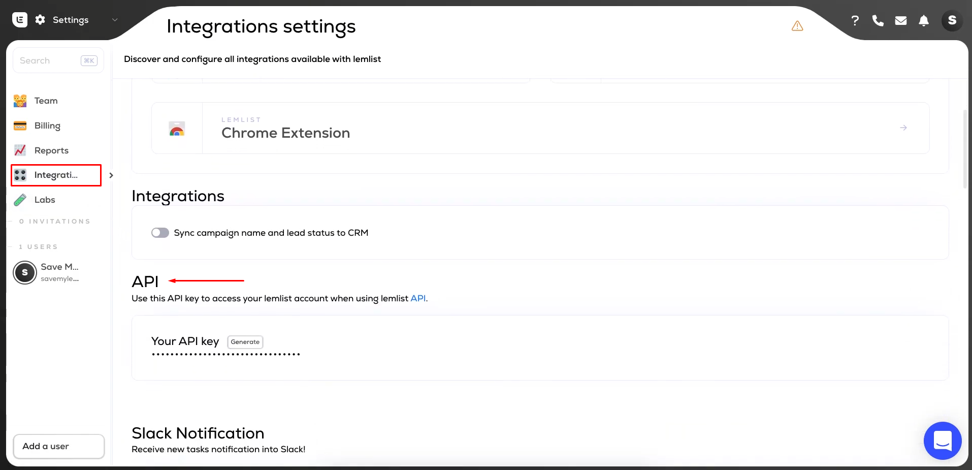 Facebook and Lemlist integration | Go to the Integrations tab and find the “API” section Facebook and Lemlist integration | Go to the Integrations tab and find the “API” section