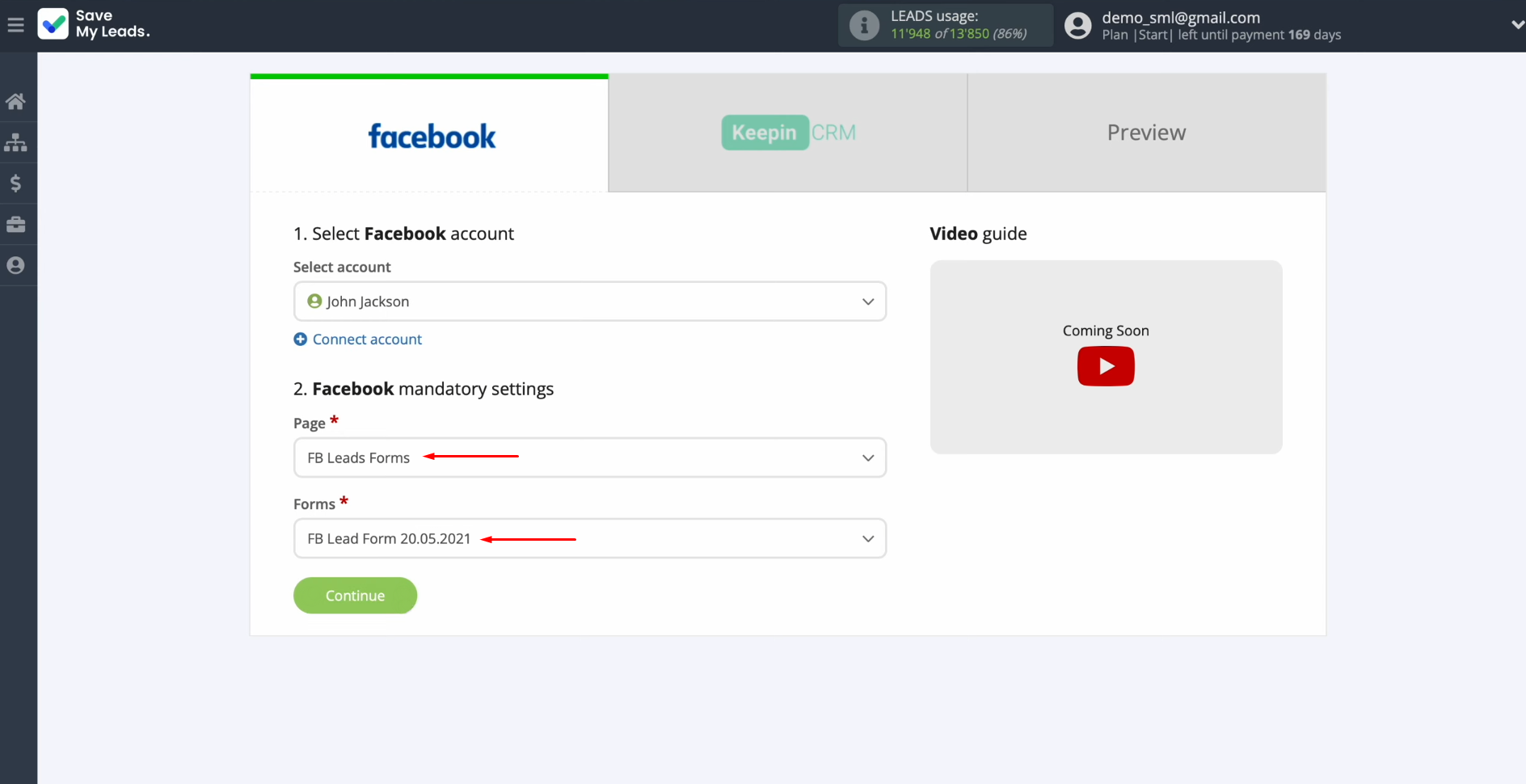 Facebook and KeepinCRM integration | Select the advertising page and specify the forms Facebook and KeepinCRM integration | Select the advertising page and specify the forms