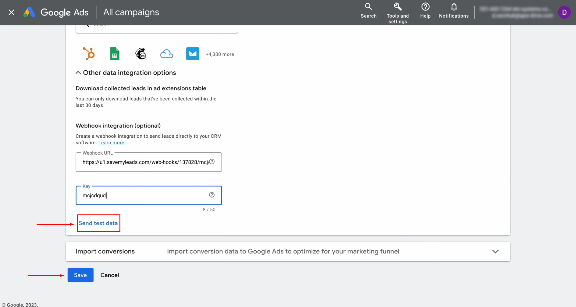 Google Lead Form and Elastic Email integration | Click "Send Test Data" and "Save" Google Lead Form and Elastic Email integration | Click "Send Test Data" and "Save"