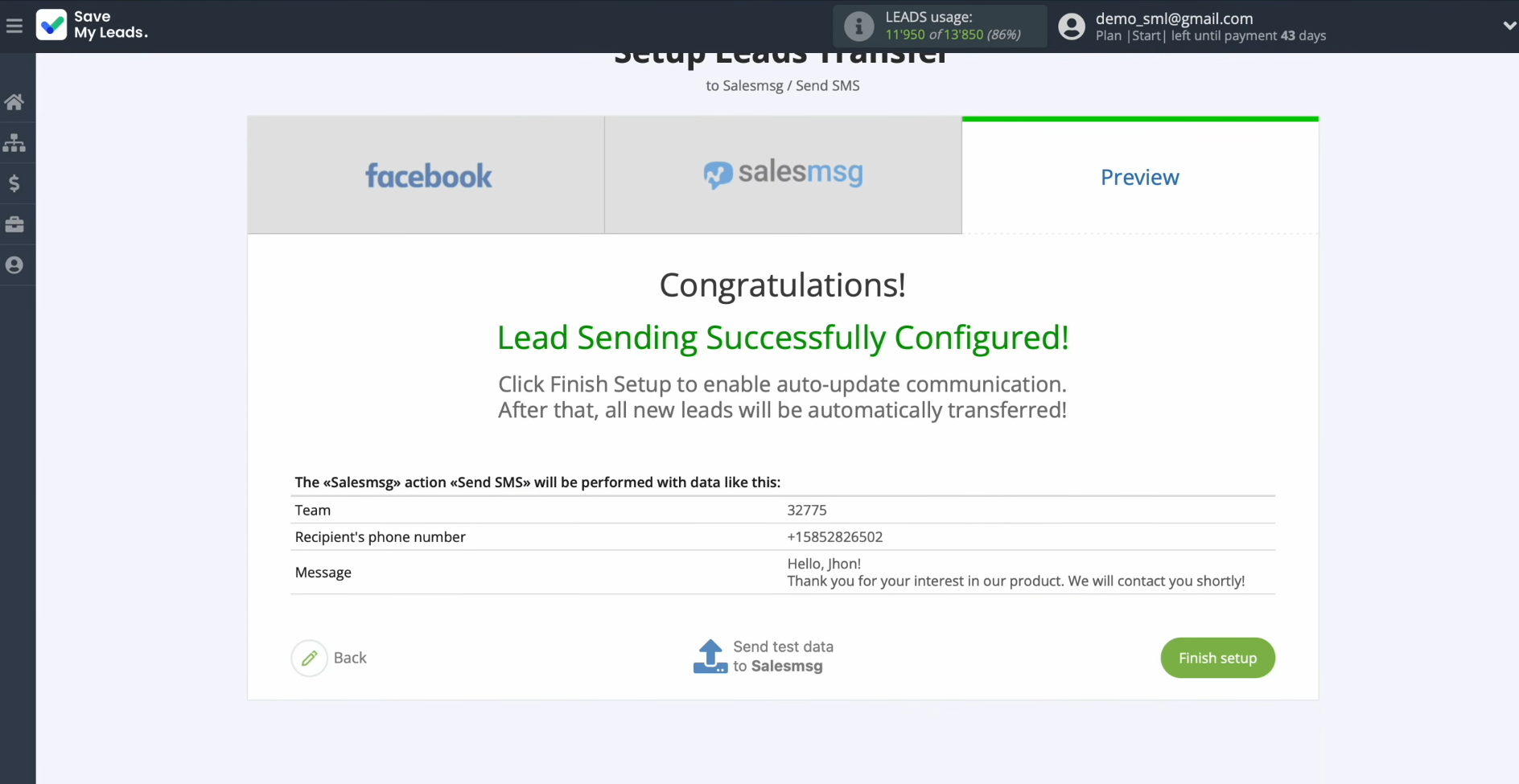 Salesmsg and Facebook integration | Click “Finish setup” Salesmsg and Facebook integration | Click “Finish setup”