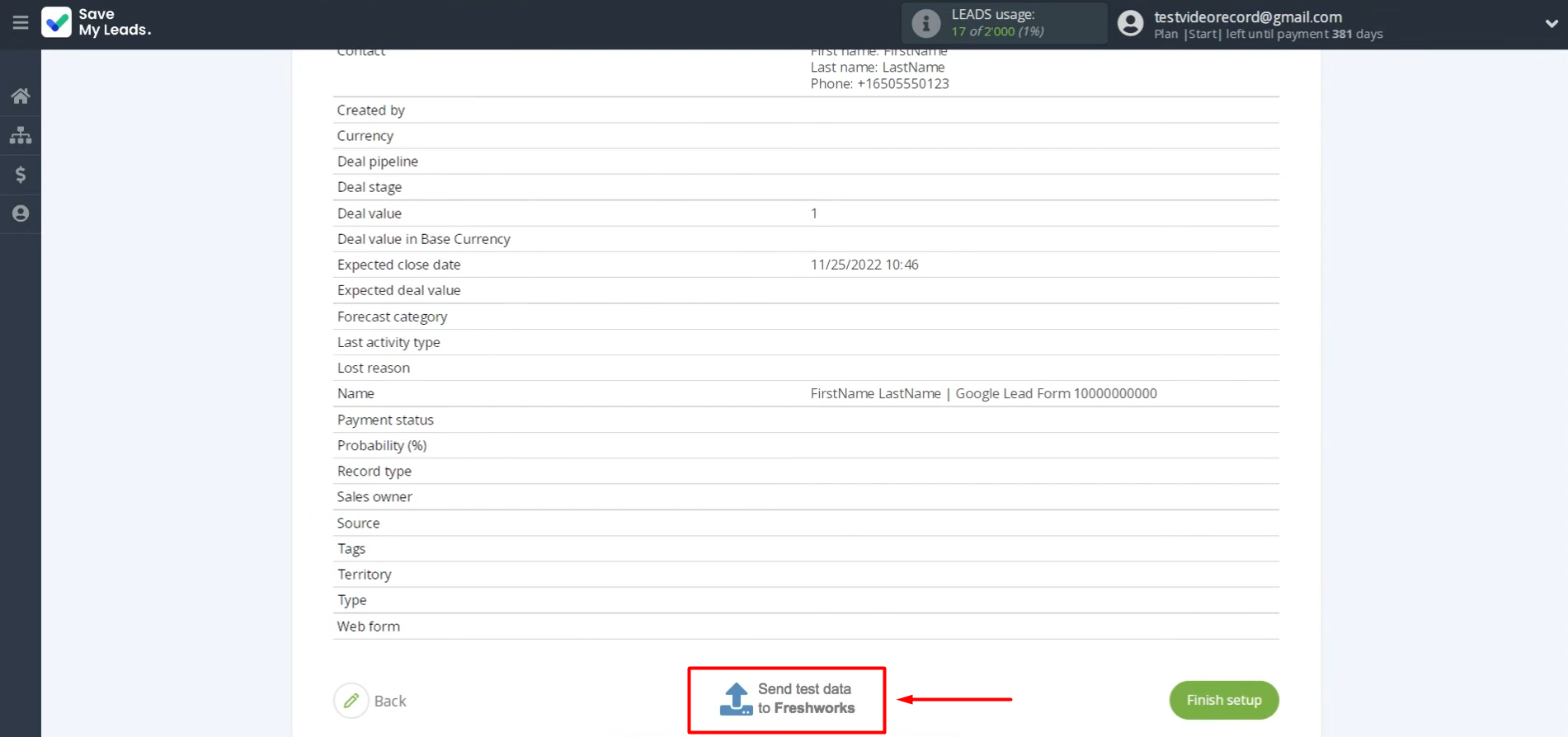 Send test data to Freshworks