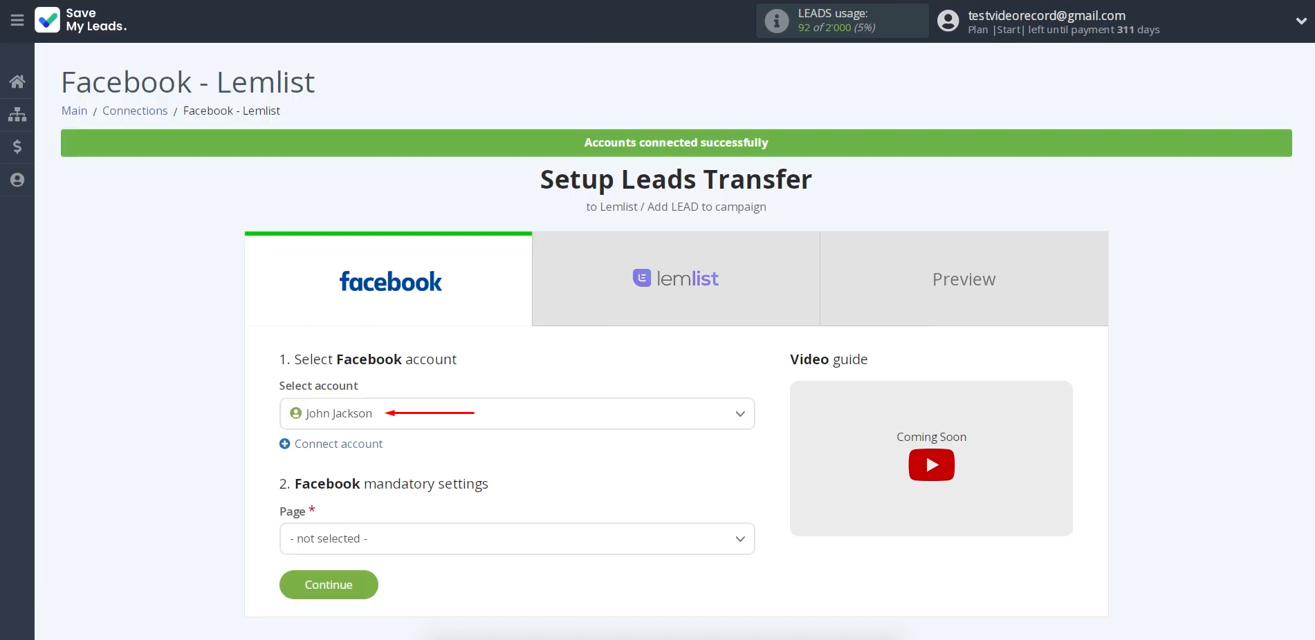 Facebook and Lemlist integration | Select the connected account Facebook and Lemlist integration | Select the connected account