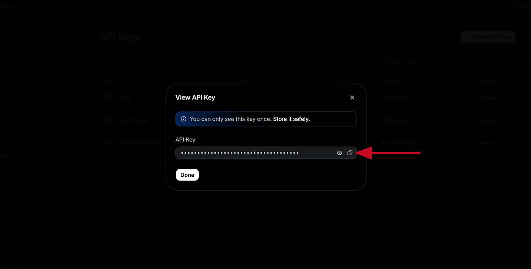Copy the generated API key Copy the generated API key