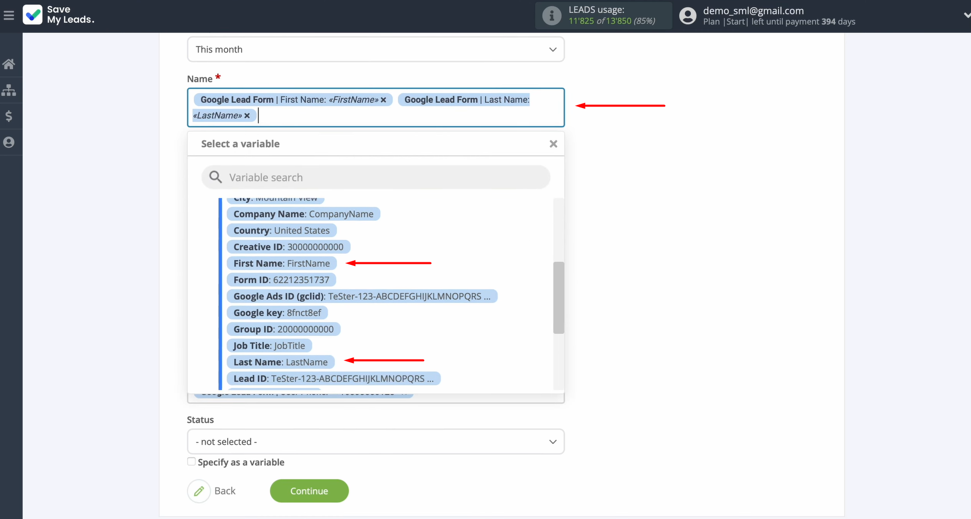 Click inside each field and choose the variable from the dropdown menu