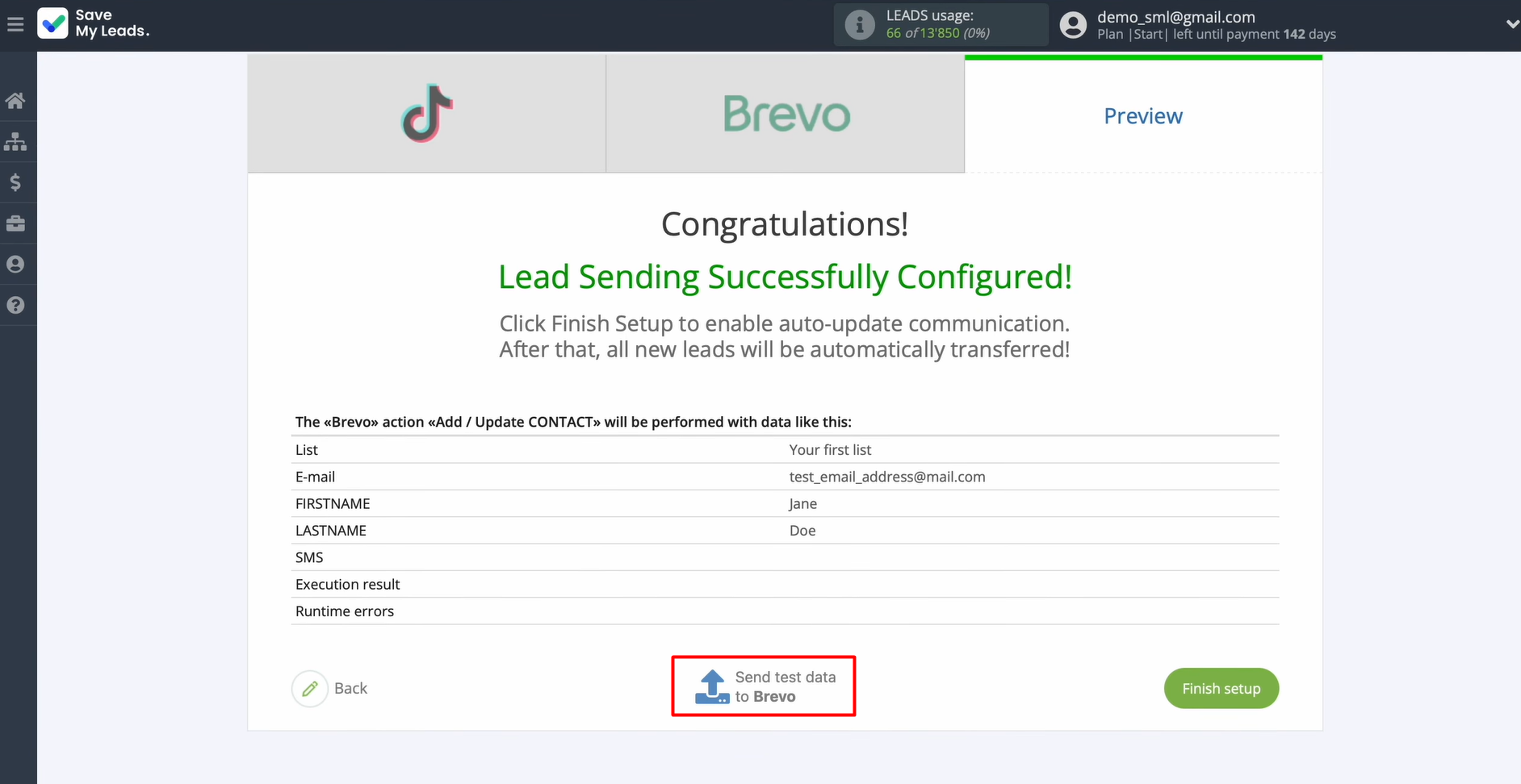 Send test data to Brevo Send test data to Brevo