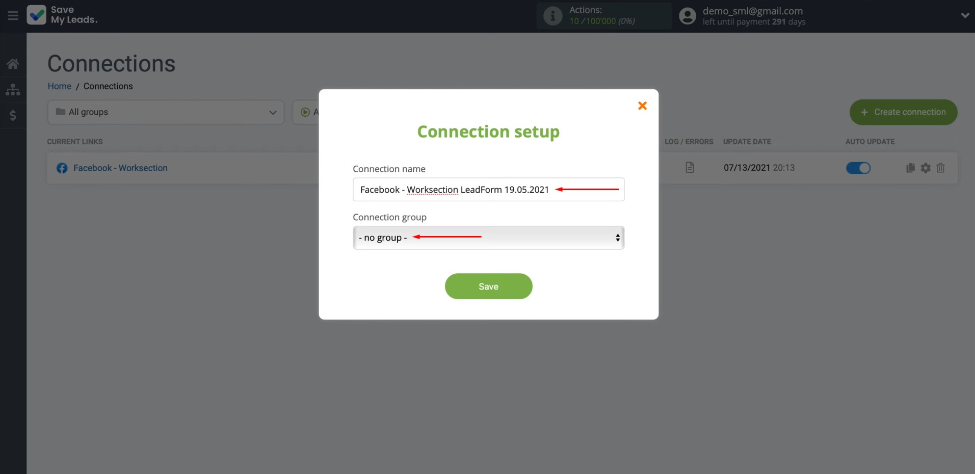 Facebook and Worksection integration | Change the connection name and add it to a group Facebook and Worksection integration | Change the connection name and add it to a group